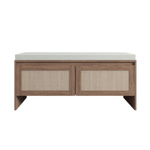 Storage Bench With Cushion, Shoe Cabinet With 2 Doors - Antique Natural / Rattan