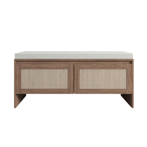 Storage Bench With Cushion, Shoe Cabinet With 2 Doors - Antique Natural / Rattan