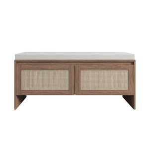 Storage Bench With Cushion, Shoe Cabinet With 2 Doors - Antique Natural / Rattan