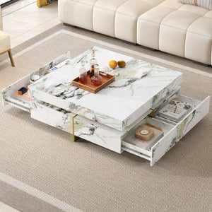 Modern Square Marble Textured Coffee Table with 4 Drawers