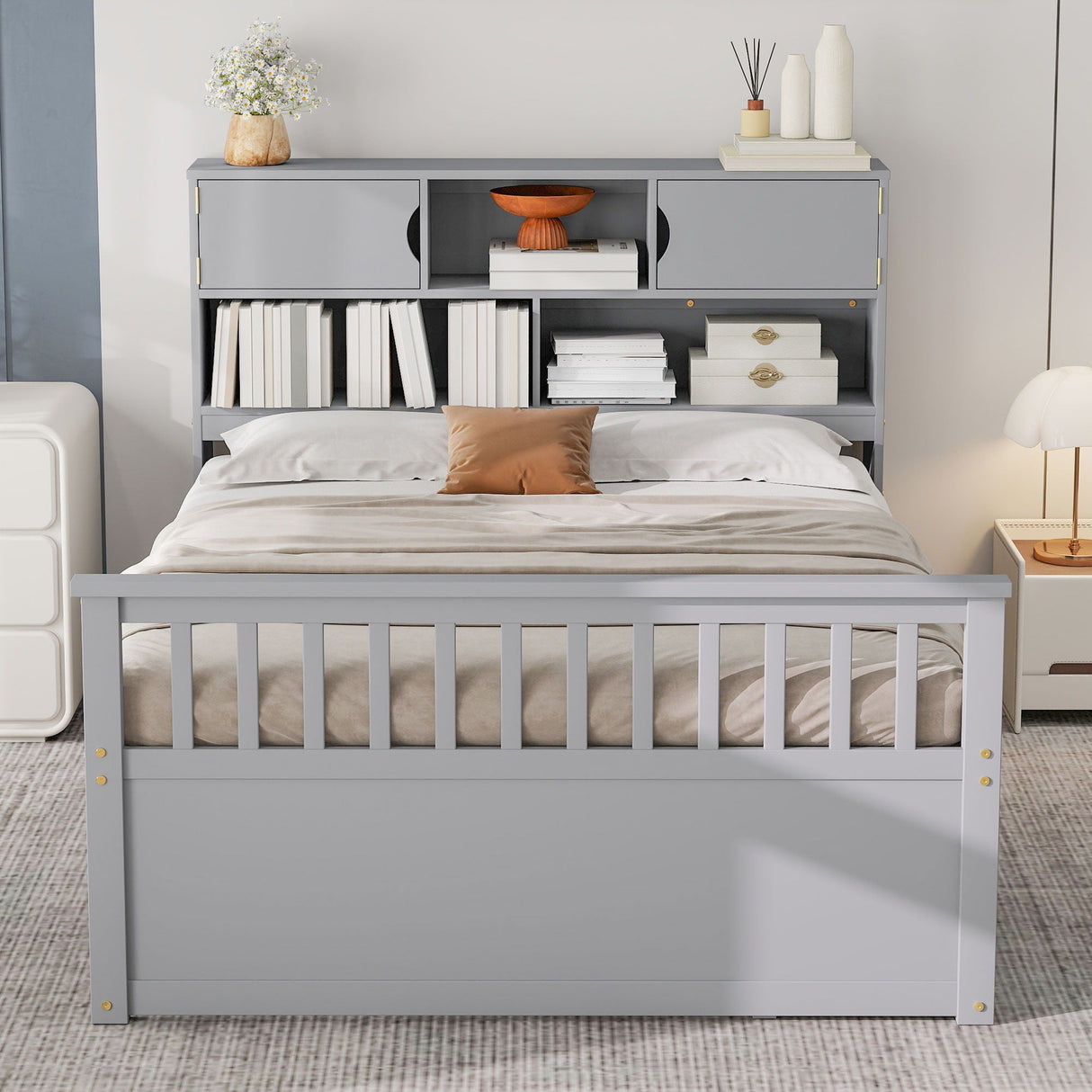 Captain Platform Bed Frame With Bookcase Headboard, 4 Drawers, Storage Shelves