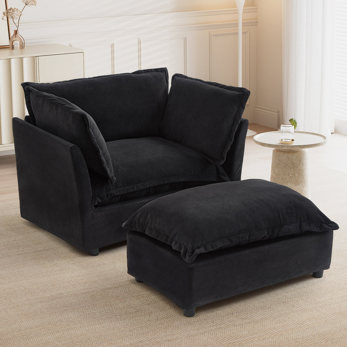 Modern Armchair Sofa 47" Cozy Upholstered Sofa Chair with Movable Ottoman