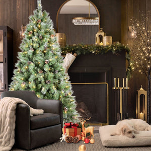 8 Ft Full-Bodied Pre-Decorated Pinecone Christmas Tree with Pine Cones - Green