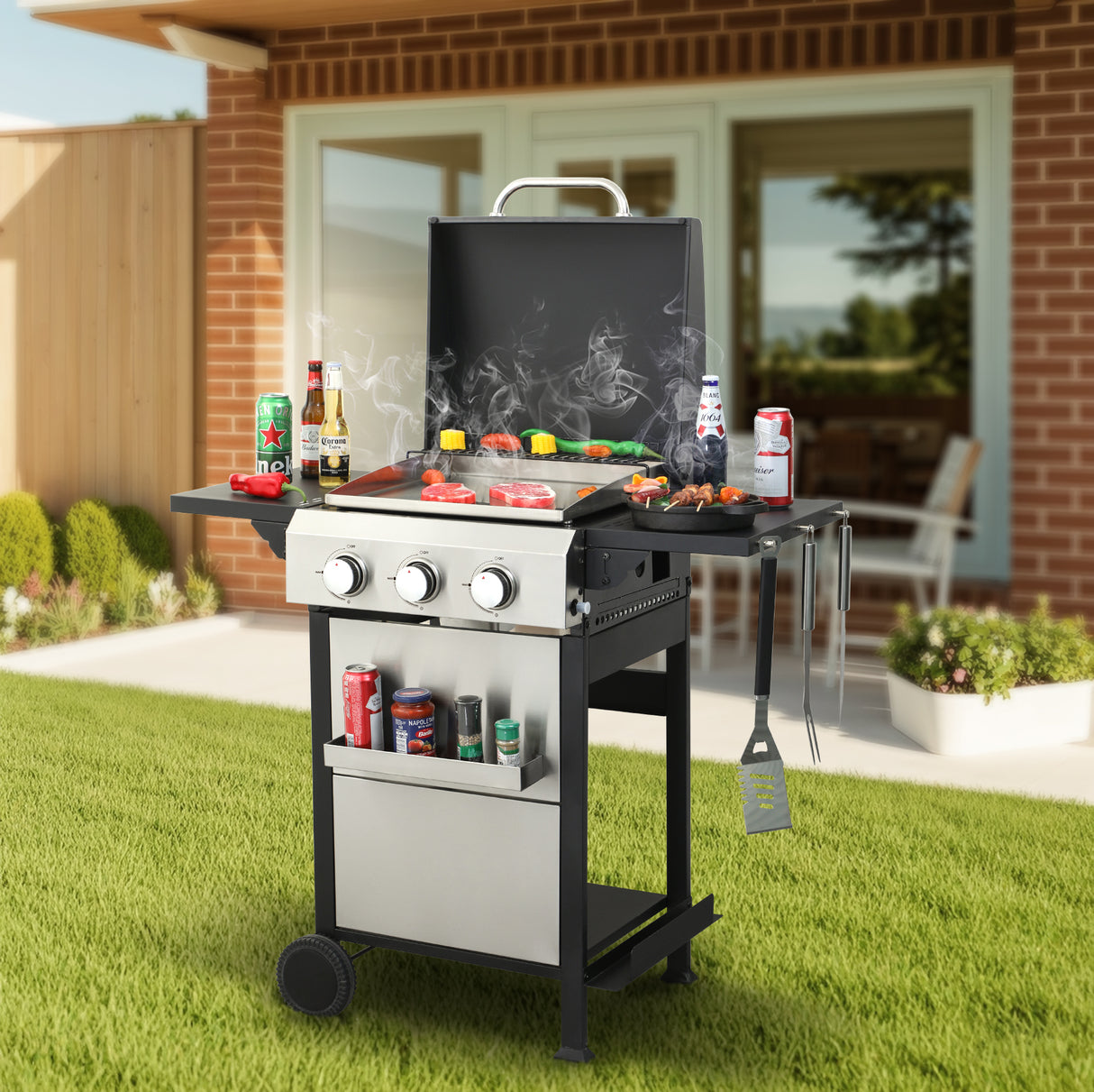 3-burner propane gas bbq grill, ss plancha, 36900btu output with wire enamel cooking grids for outdoor barbecue
