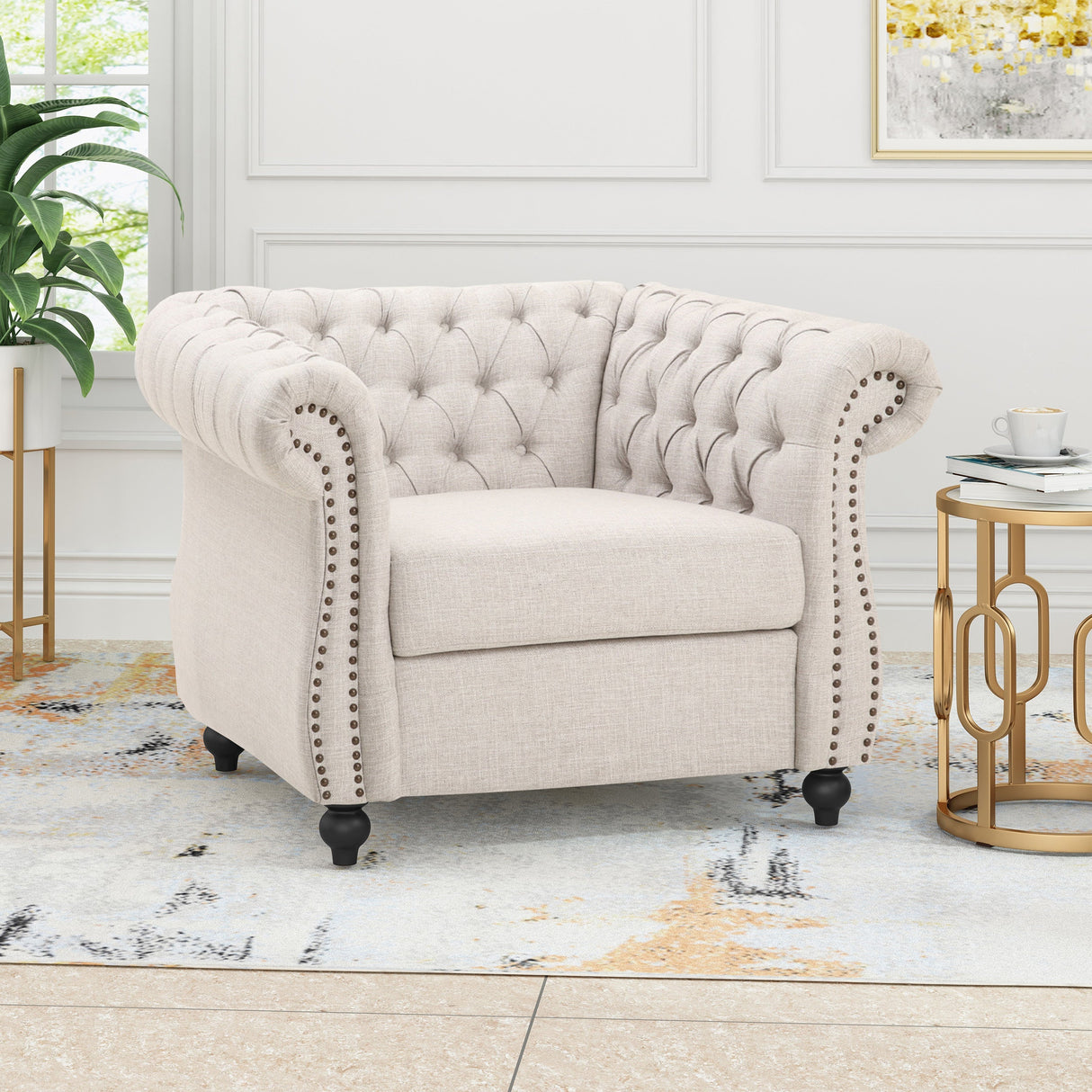 Chesterfield Club Chair Velvet Fabric Beige with Birch Wood Legs