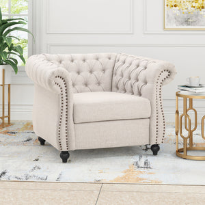 Chesterfield Club Chair Velvet Fabric Beige with Birch Wood Legs