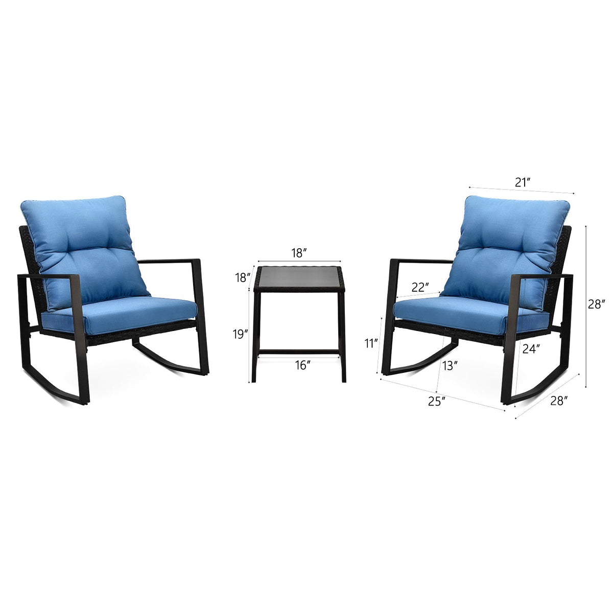 3 Piece Patio Bistro Set with Blue Cushions – Outdoor Rocker Chair Set