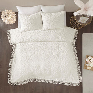 Tufted Cotton Chenille Medallion Fringe Coverlet Mini Set - Off-White Twin/Twin XL