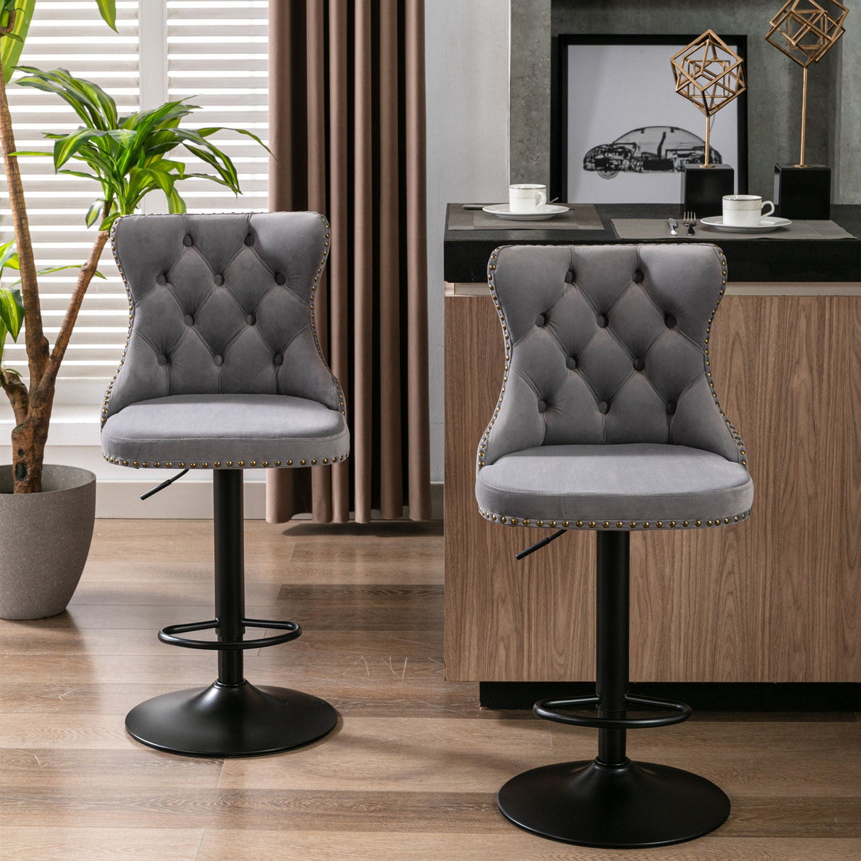Swivel Barstools Adjusatble Seat Height, Modern Upholstered Bar Stools With Backs Comfortable Tufted For Home Pub And Kitchen Island (Set of 2)
