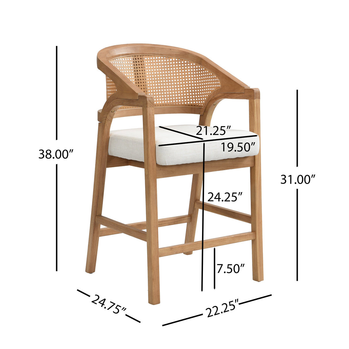 Wooden Frame Counter Stool with Rattan Back, Set of 2