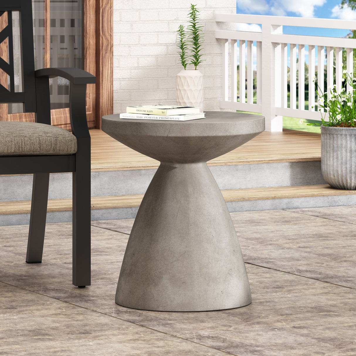 Modern Outdoor Lightweight Concrete Side Table with Hourglass Design