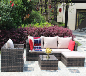Rattan Patio Furniture Set Wicker Sofa Cushioned Sectional (4 Pieces, Brown)