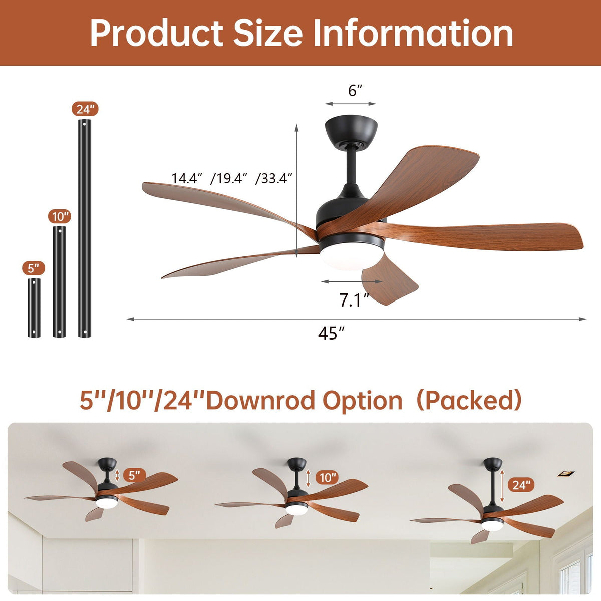 45-Inch Ceiling Fan with DC Motor and Integrated Light - Wood Grain