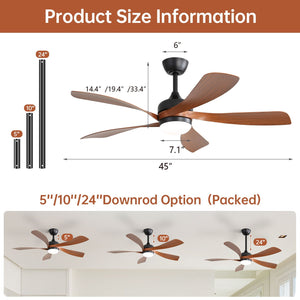 45-Inch Ceiling Fan with DC Motor and Integrated Light - Wood Grain