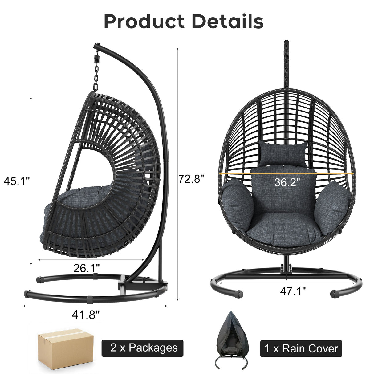 42 Extra Wide U-Base Hanging Egg Chair with Cushion