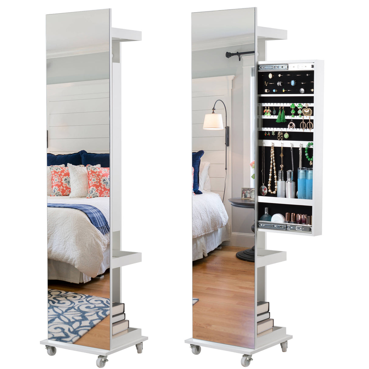 Full length mirror 360° swivel jewelry cabinet