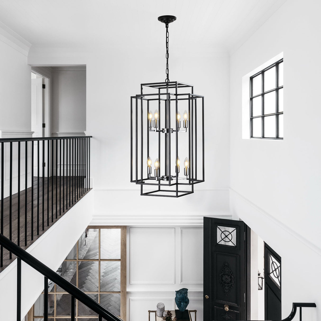 18' Modern 8-Light Black & Chrome Geometric Pendant Chandelier, Industrial Metal Frame, Adjustable Hanging Light for Living Room, Dining Room, Kitchen (No Bulbs)