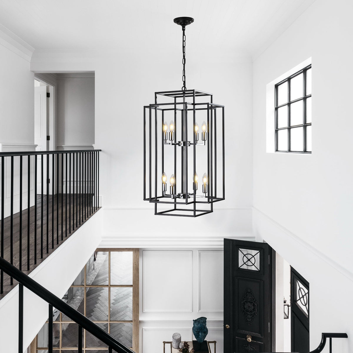 18' Modern 8-Light Black & Chrome Geometric Pendant Chandelier, Industrial Metal Frame, Adjustable Hanging Light for Living Room, Dining Room, Kitchen (No Bulbs)