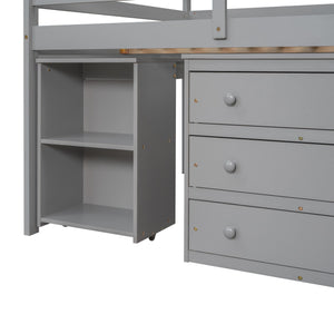 Loft Low Study Bed With Cabinet, Shelves And Rolling Portable Desk, Multiple Functions