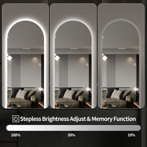 LED Full Length Wall Mirror With Symmetrical Arch Design, Dimmable 3 Color Temperature Lighting - Silver