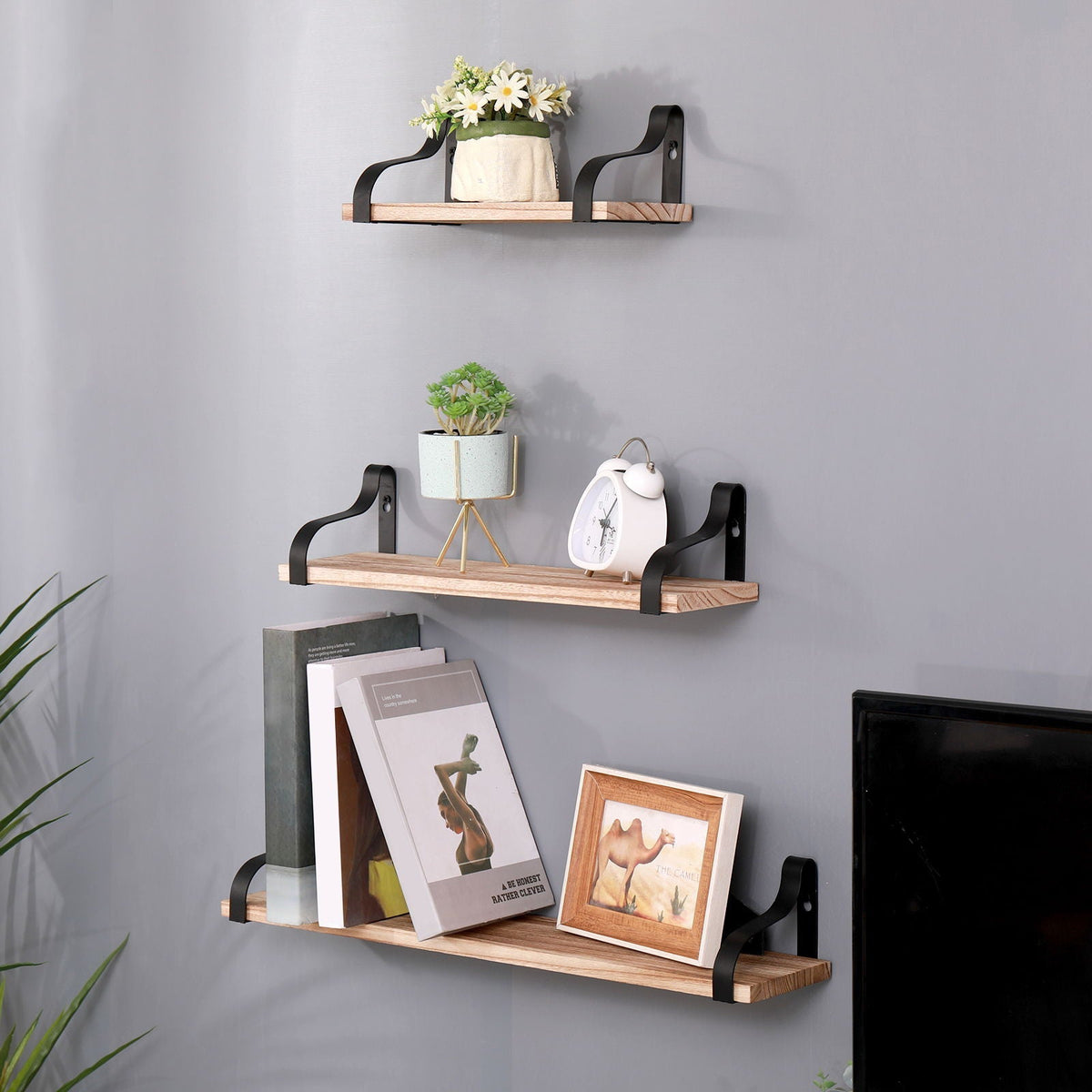 Floating Shelves, Long Wall Shelves (Set of 3), Wall Mounted Shelves & Brackets For Bedroom - Natural Wood
