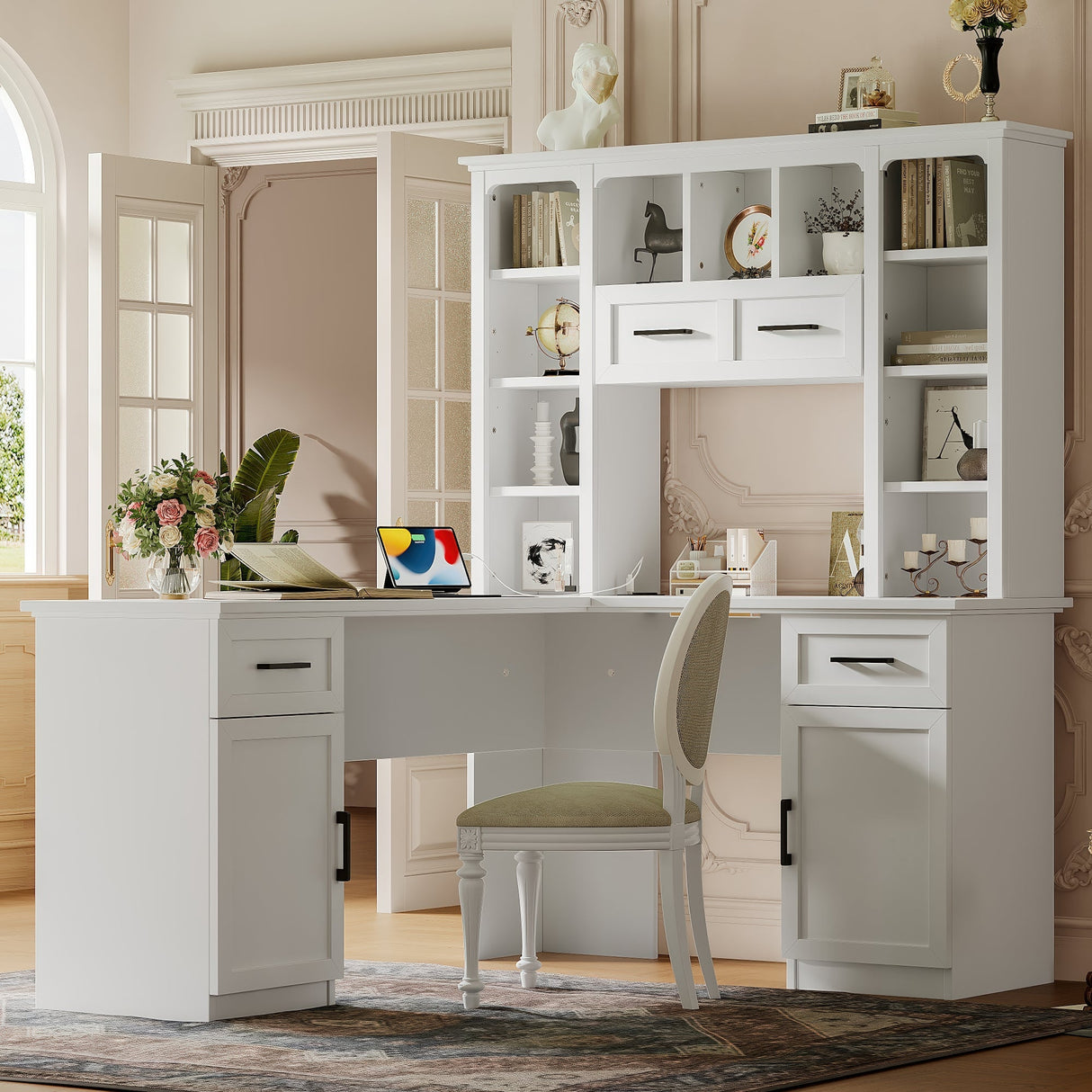 L-Shaped Computer Desk with 2 Cabinets and 2 Drawers