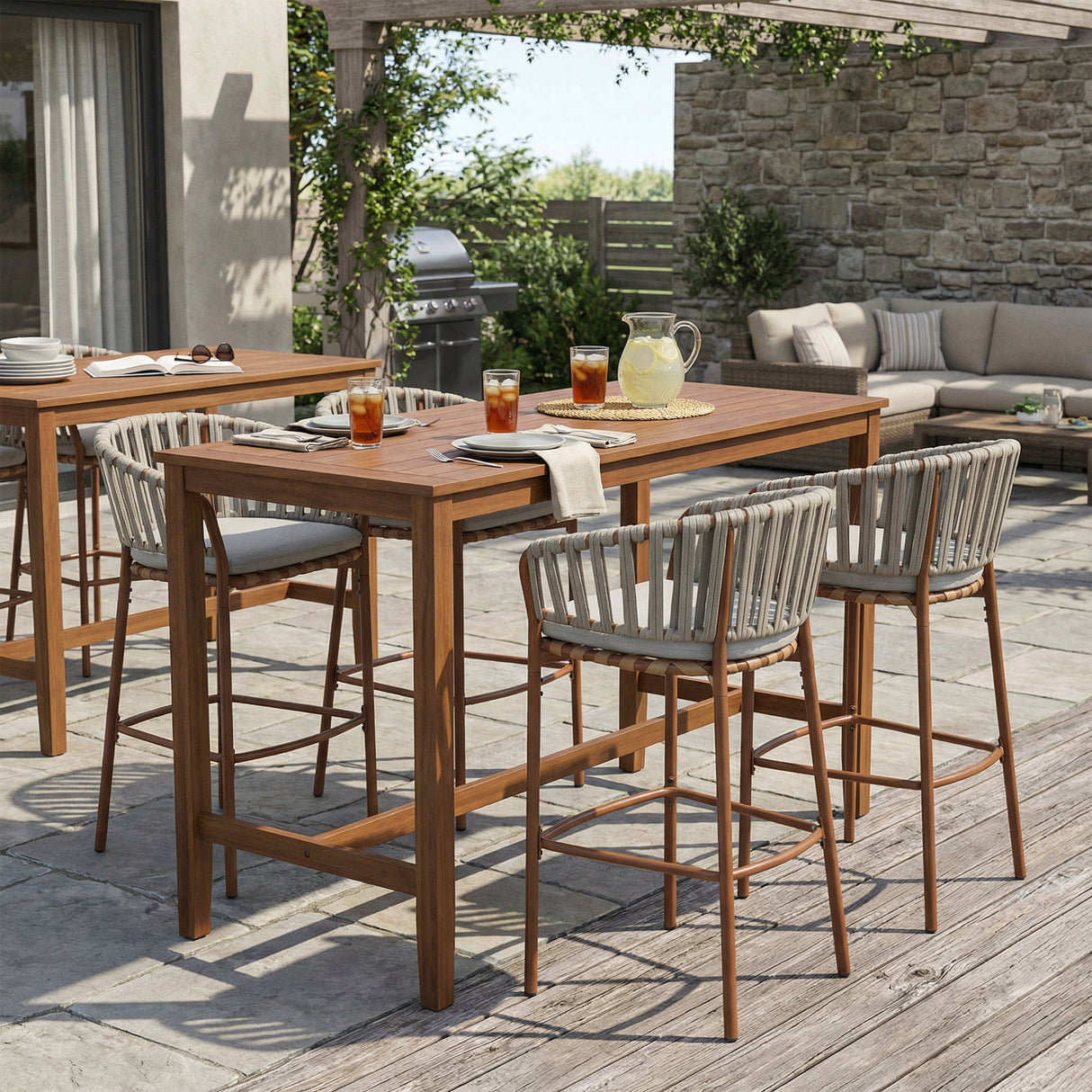 Lodi Outdoor Metal Rope Barstool, Teak Finished Frame and Beige Cushion, Set of 4