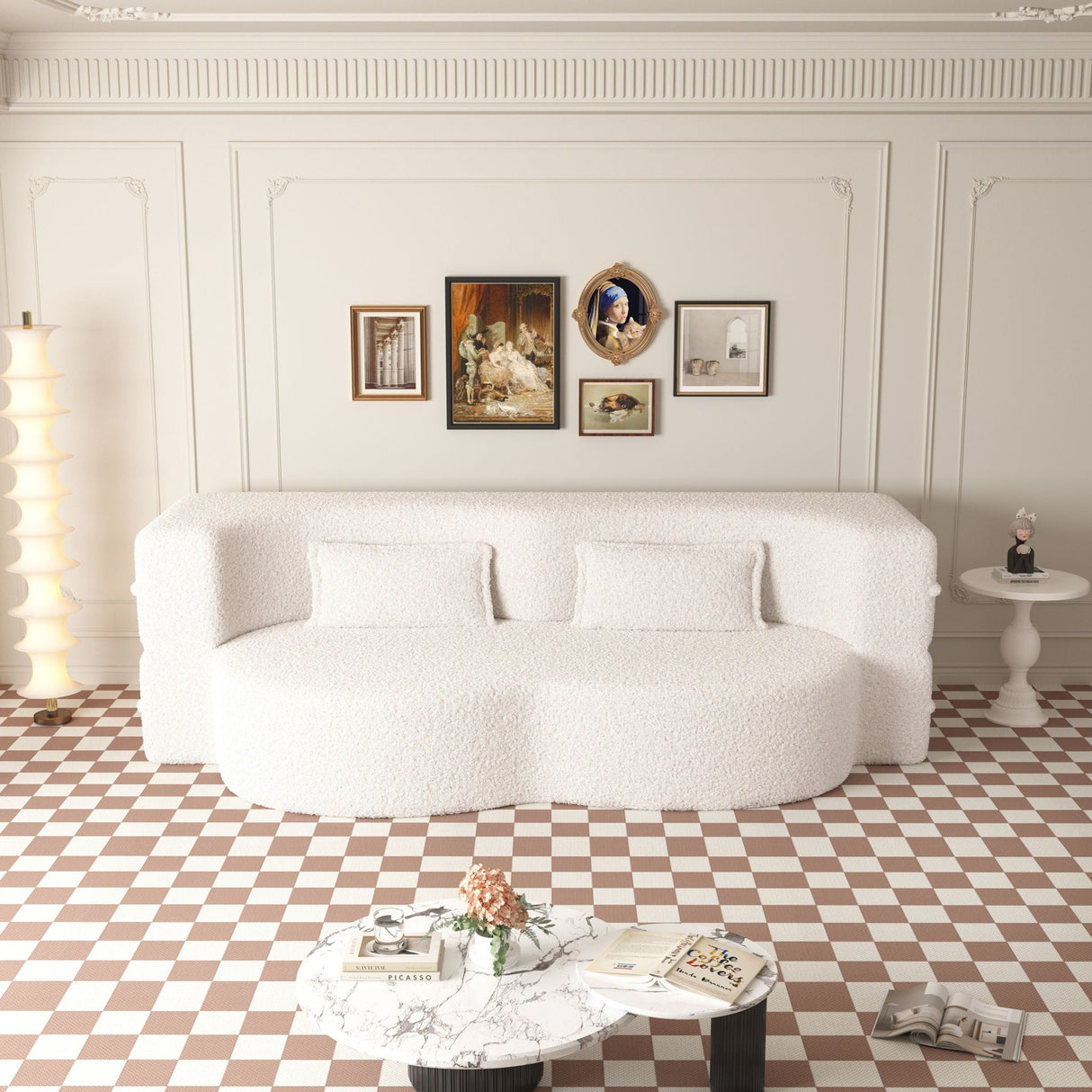 Modern Floor Sofa with 2 Pillows, Convertible Teddy Fabric Foam Filled Bed