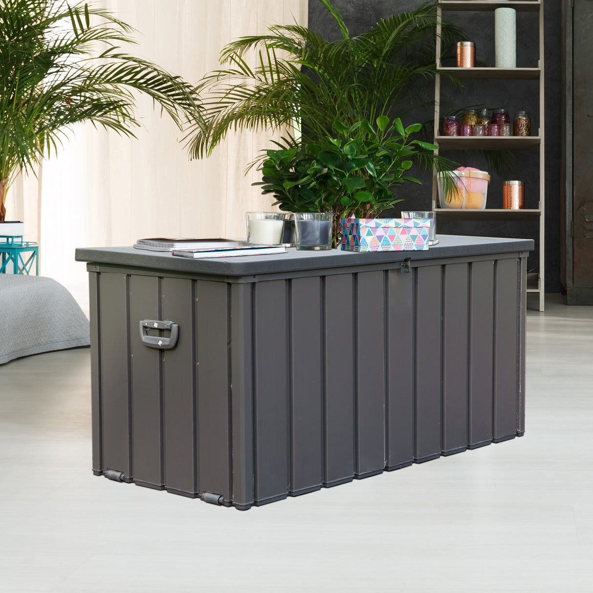100 gallon outdoor storage deck box waterproof, large patio storage bin for outside cushions, throw pillows, garden tools, lockable (dark gray)