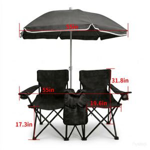 Portable Folding Picnic Chair Set with Umbrella, 2-Person Outdoor Camping Chairs