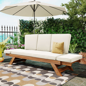 Topmax Outdoor Adjustable Patio Wooden Daybed Sofa Chaise Lounge with Cushions