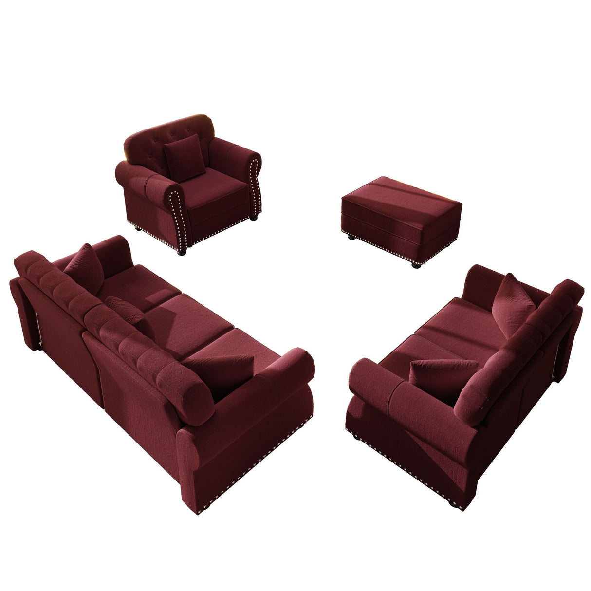 Upholstered Sofa Set With Nailhead Trim and Rolled Armrests, Includes Pillows