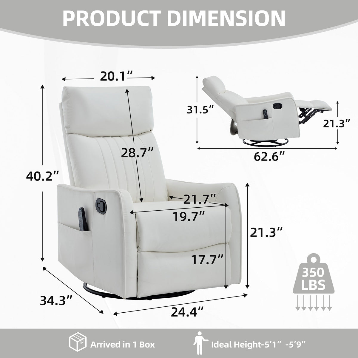 White Heat Massage Manual Recliner Chair with Rocker and Swivel in Faux Leather