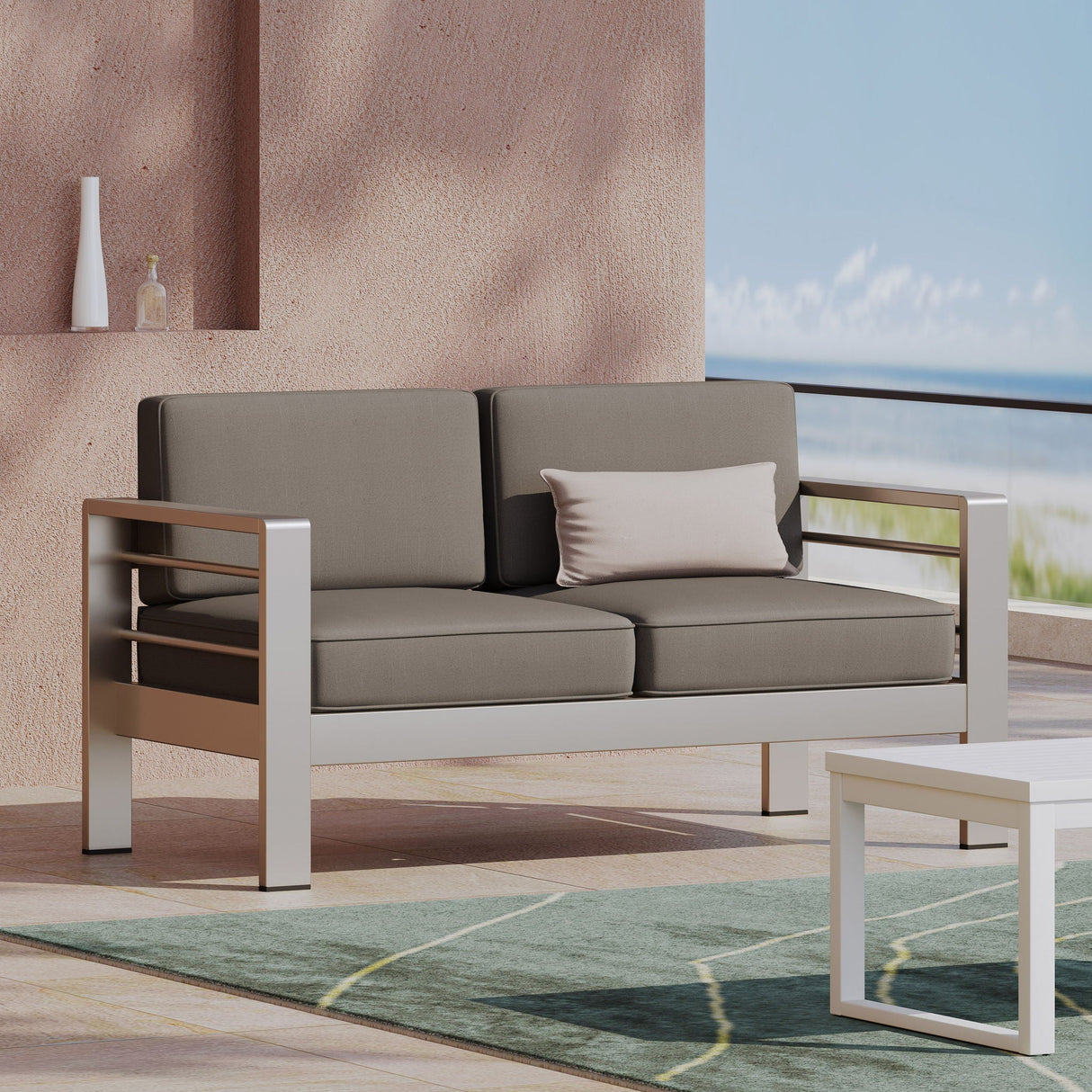 Outdoor Aluminum Loveseat With Cushion - Gray
