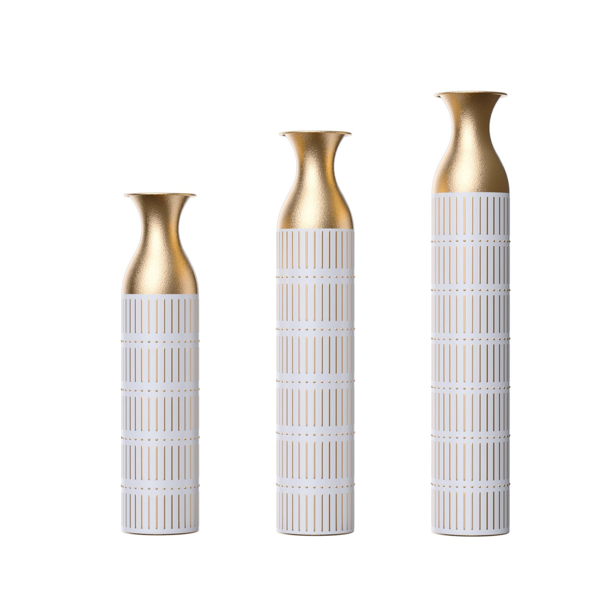Floor Metal Vases Set of 3 - White with Gold Accents