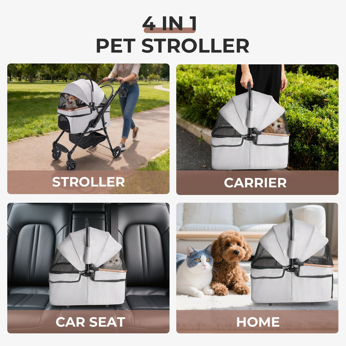 Foldable 4-Wheel Pet Stroller with Adjustable Canopy - Grey