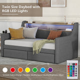 Twin Size Linen Upholstered Daybed with Storage Drawers and LED Lights