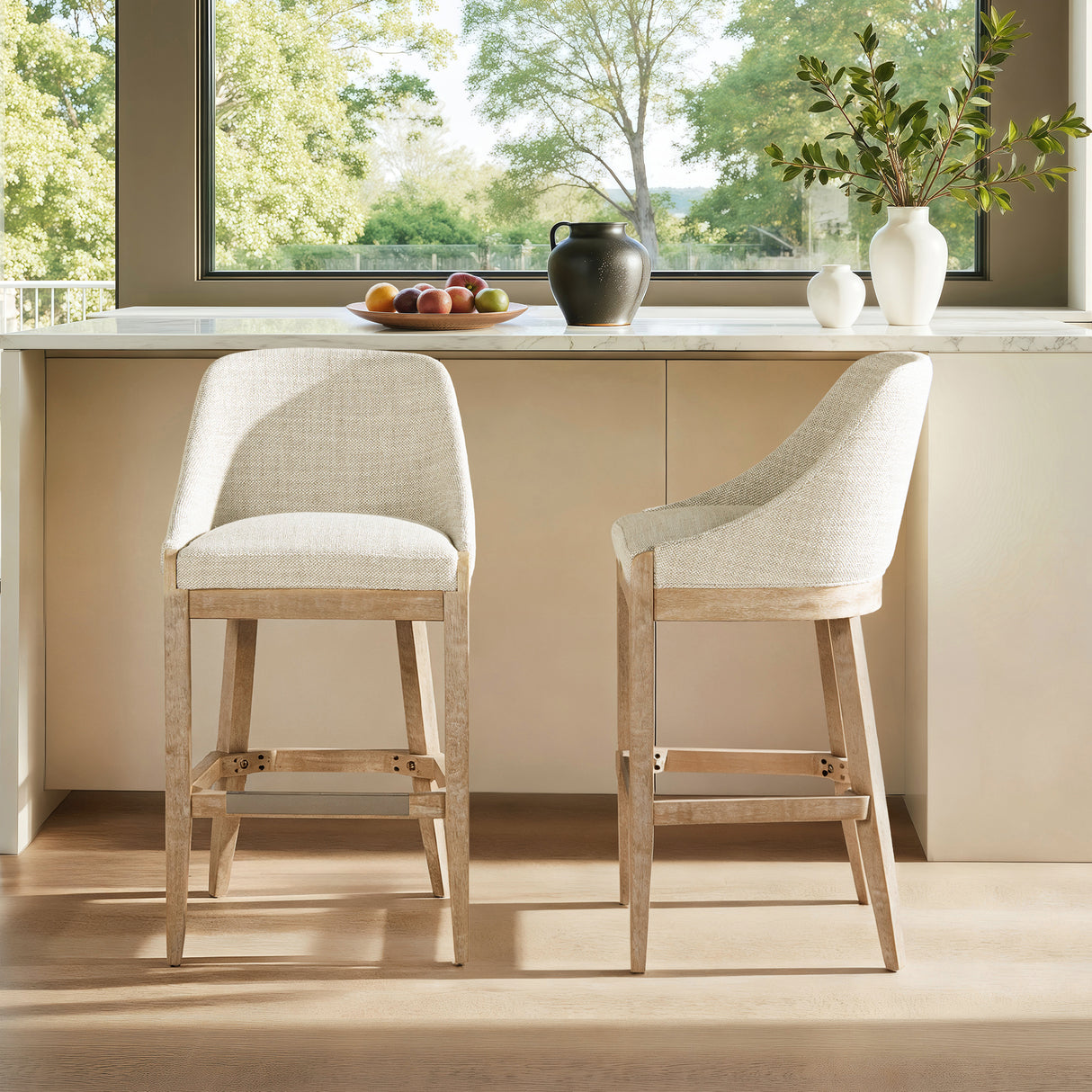 Newport 30.5' Coastal Curved Back Upholstered Barstool, Two-Tone Neutral Gray Polyester Wool Blend