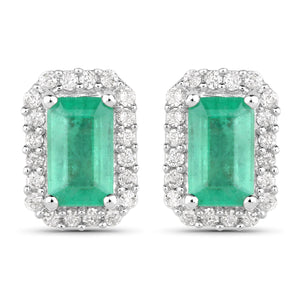 0.91 Carat Genuine Zambian Emerald and White Diamond 14K White Gold Earrings