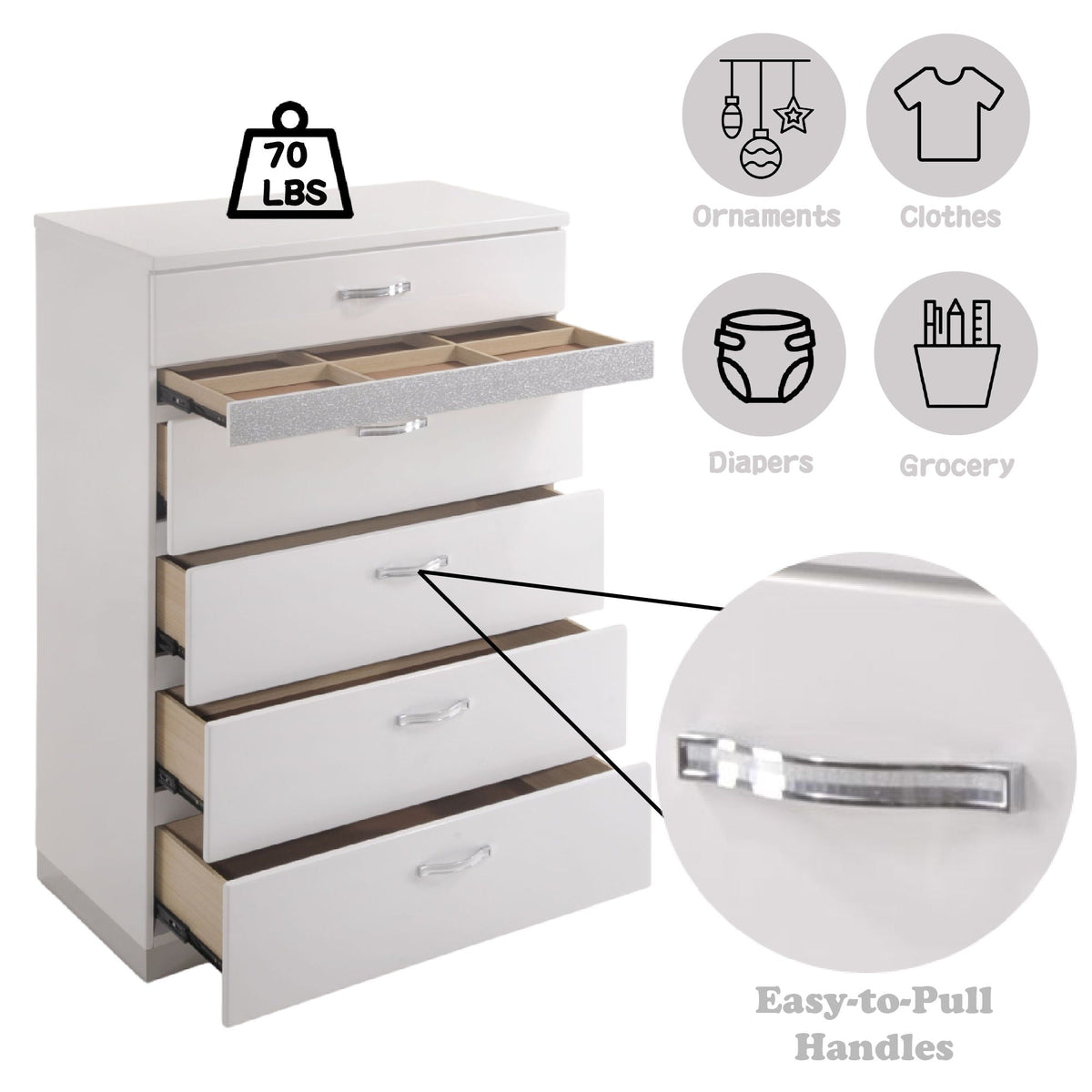 High Gloss White Accent Chest with Five Drawers - Modern Bedroom Storage