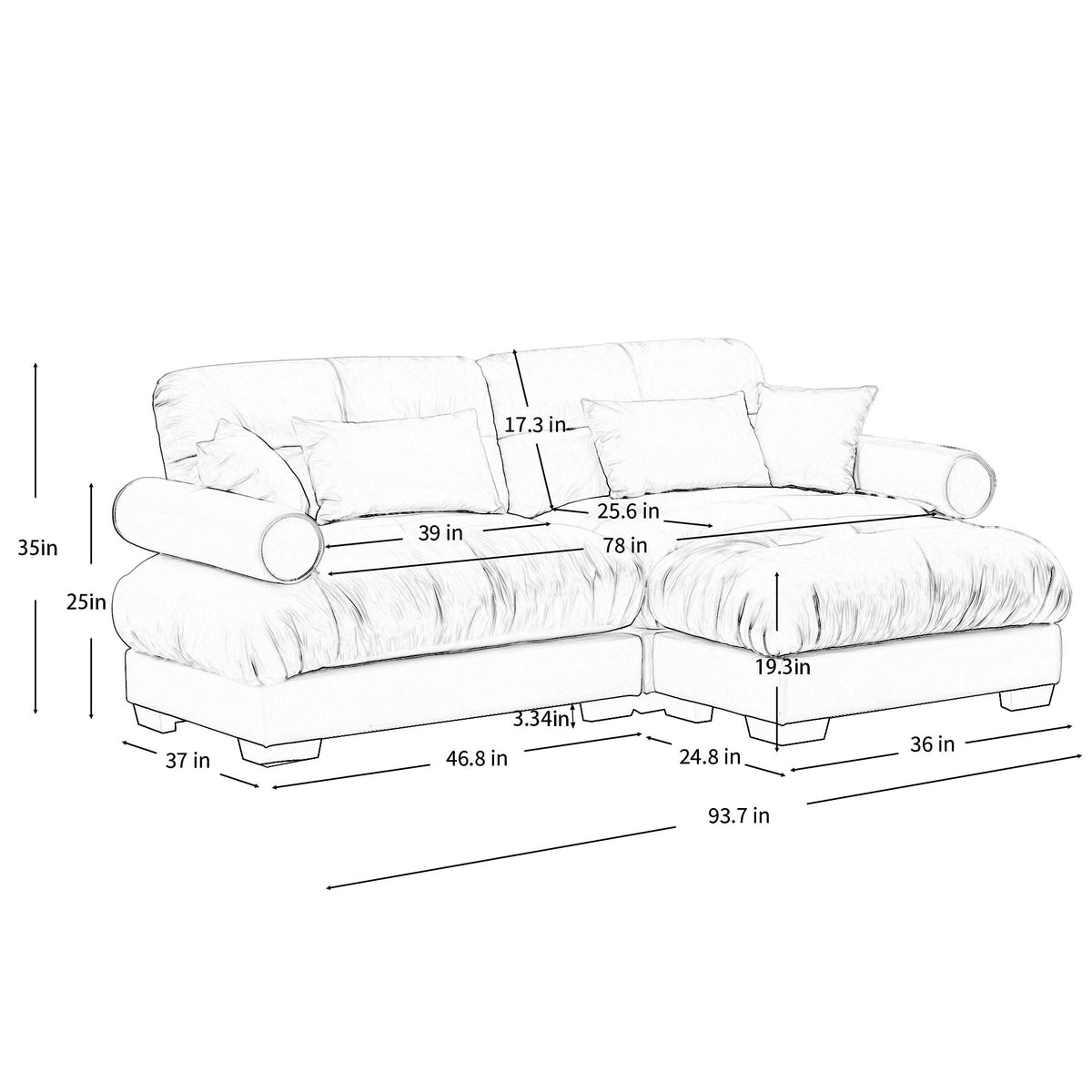Oversized Modular Sectional Sofa with Movable Ottoman - Fabric, Multiple Colors