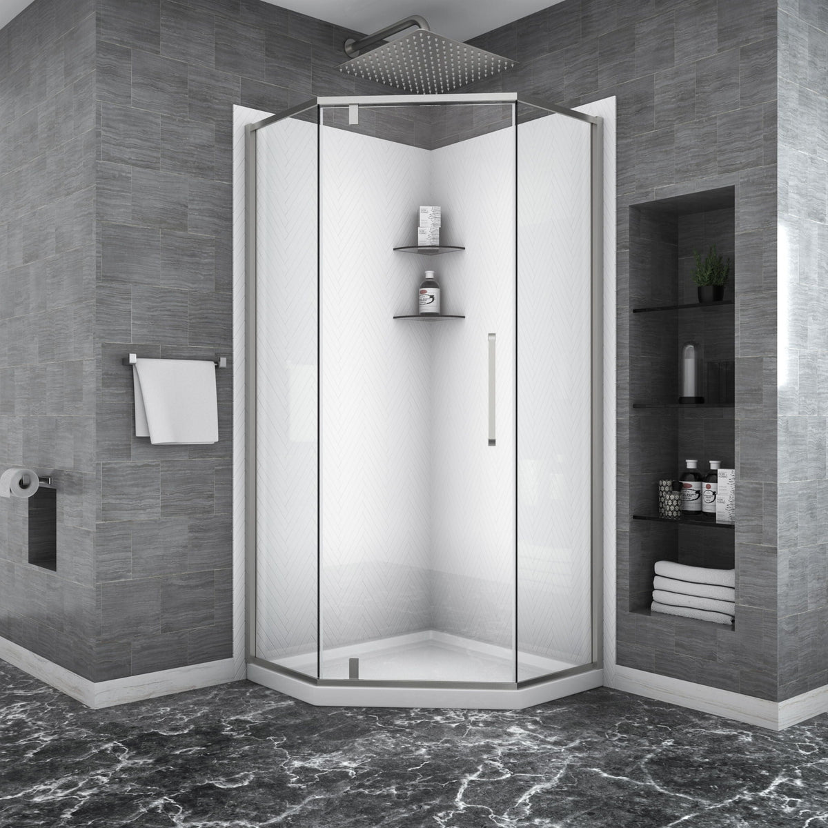 Semi Frameless Neo Angle Hinged Shower Enclosure with Clear Tempered Glass - Brushed Nickel
