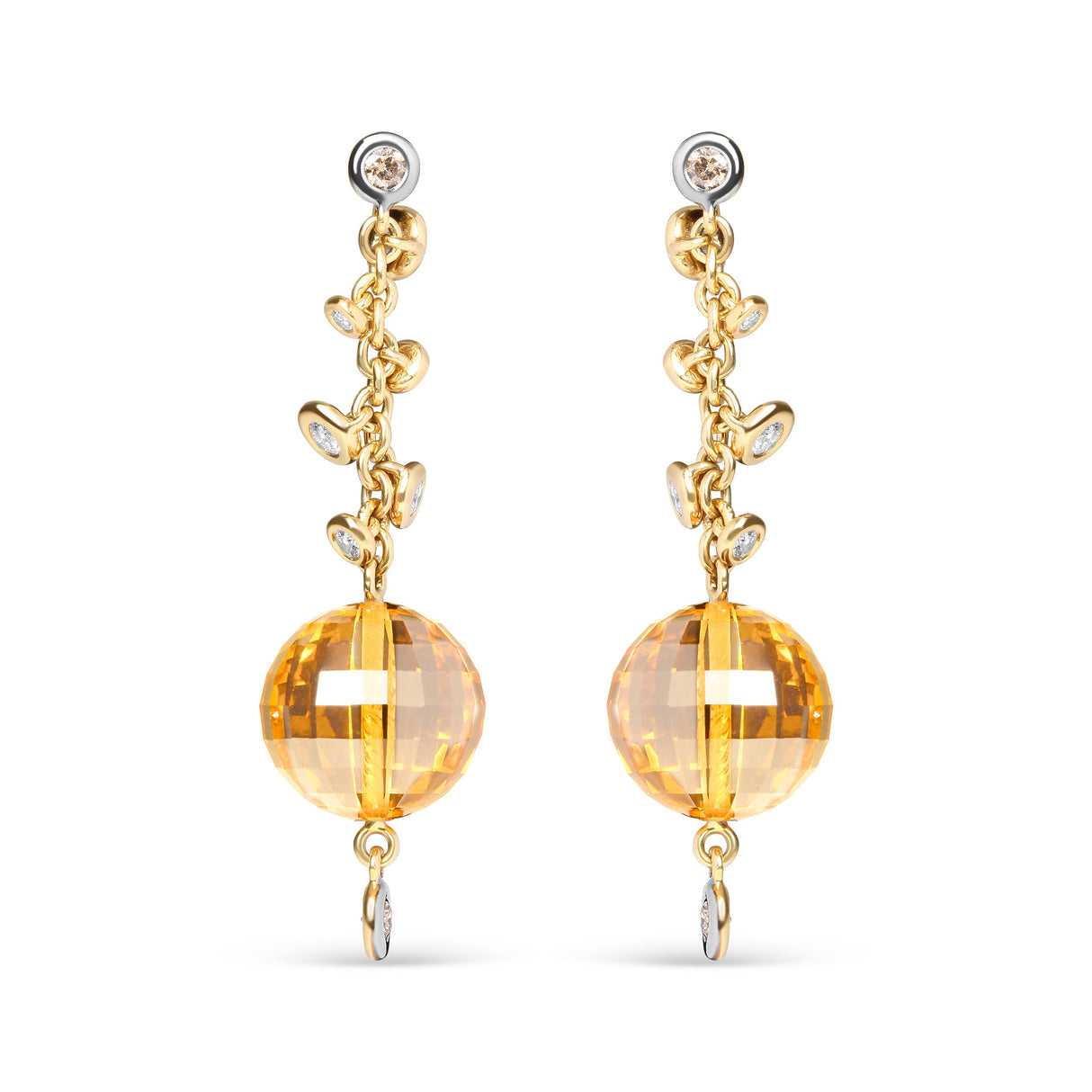 18K Yellow Gold 2/3 Cttw Round Bezel Diamond and 25mm Ball Shaped Yellow Citrine Gemstone Dangle Stud Earring (Brown and G-H Color, SI1-SI2 Clarity)