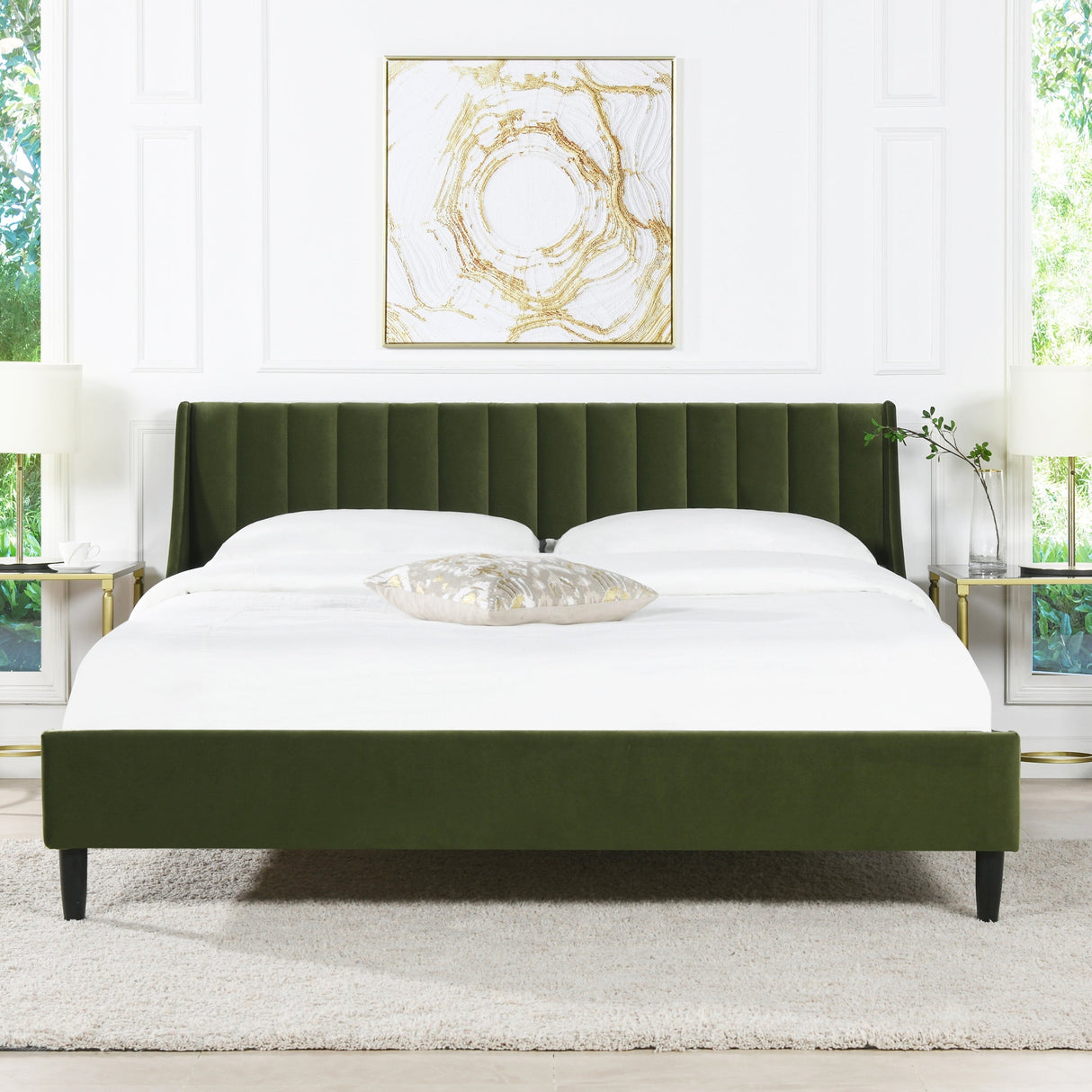 Aspen Vertical Tufted Headboard Platform Bed Set, King, Olive Green Performance Velvet