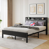 Queen Size Bed Frame with Storage Headboard and Charging Station