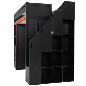 Gaming Loft Bed With Desk And Storage, LED Lights