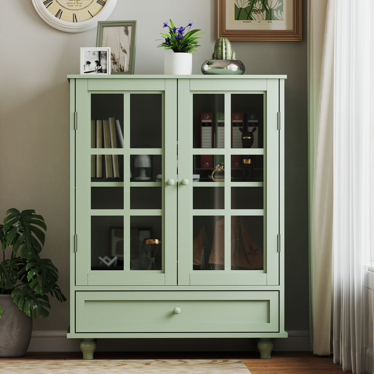 Minimalist Buffet Cabinet With Double Glass Doors And Drawer