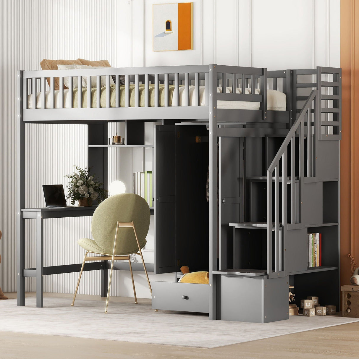 Loft Bed With Bookshelf, Drawers, Desk, And Wardrobe