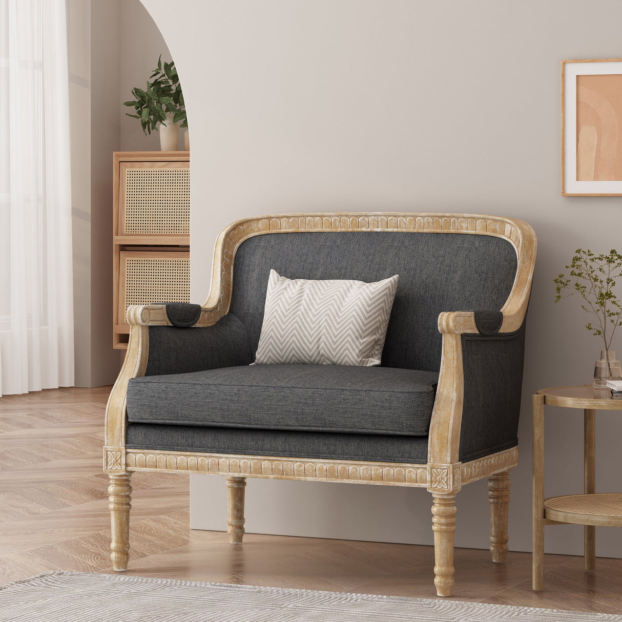 Becoming Upholstered Club Chair with Turned Leg and Carved Design