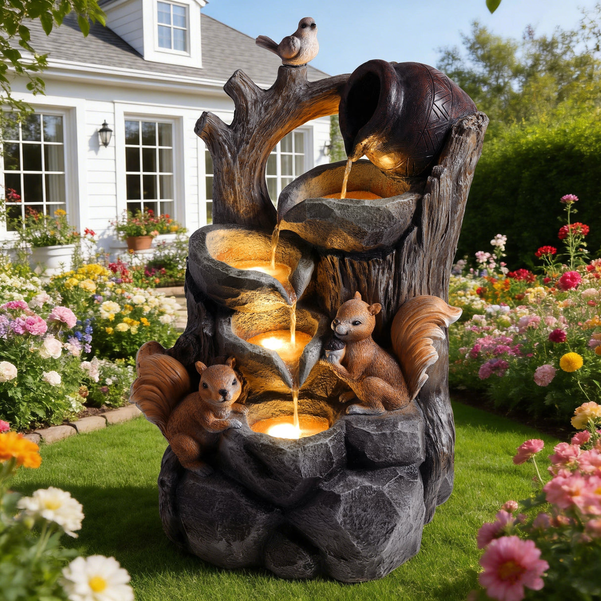 Squirrel Outdoor Water Fountain with Lights